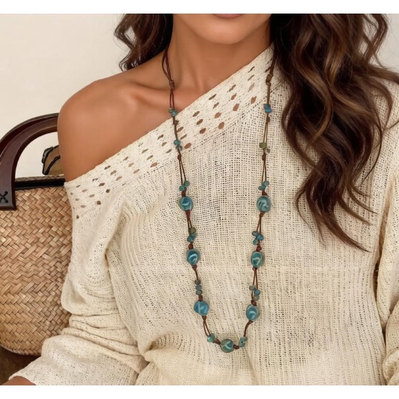 Vintage Ceramic Beads Statement Necklace Adjustable Rope Chain Artisan Pottery Jewelry Retro Summer Style