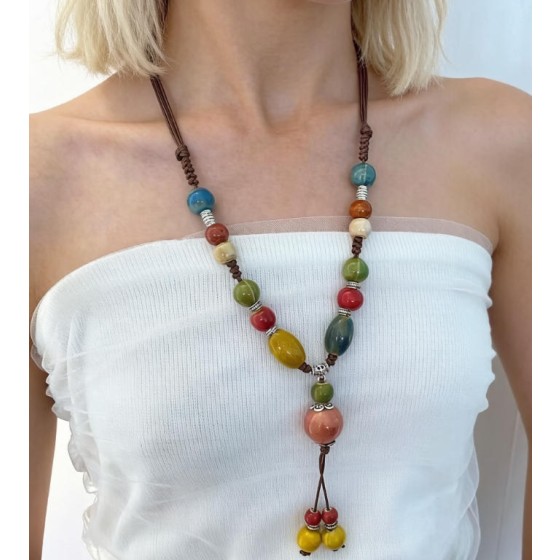 Boho Gypsy Long Pendant Necklace Handcrafted Ceramic Beads with Tassel Adjustable Rope Chain Vintage Ethnic Style Jewelry for Women Girls Beach Vacation